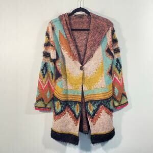 Maxsport Multicolor Aztec Southwestern Boho Eyelash Knit Hooded Cardigan Size S